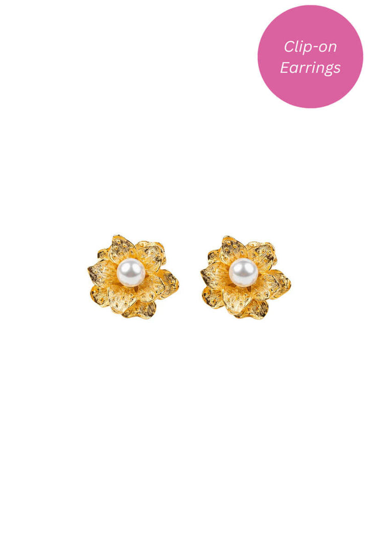 Kenneth Jay Lane Satin Gold and Pearl Ball Flower Earrings