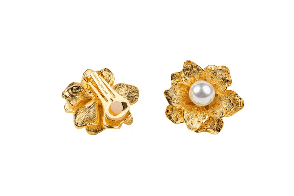 Kenneth Jay Lane Satin Gold and Pearl Ball Flower Earrings