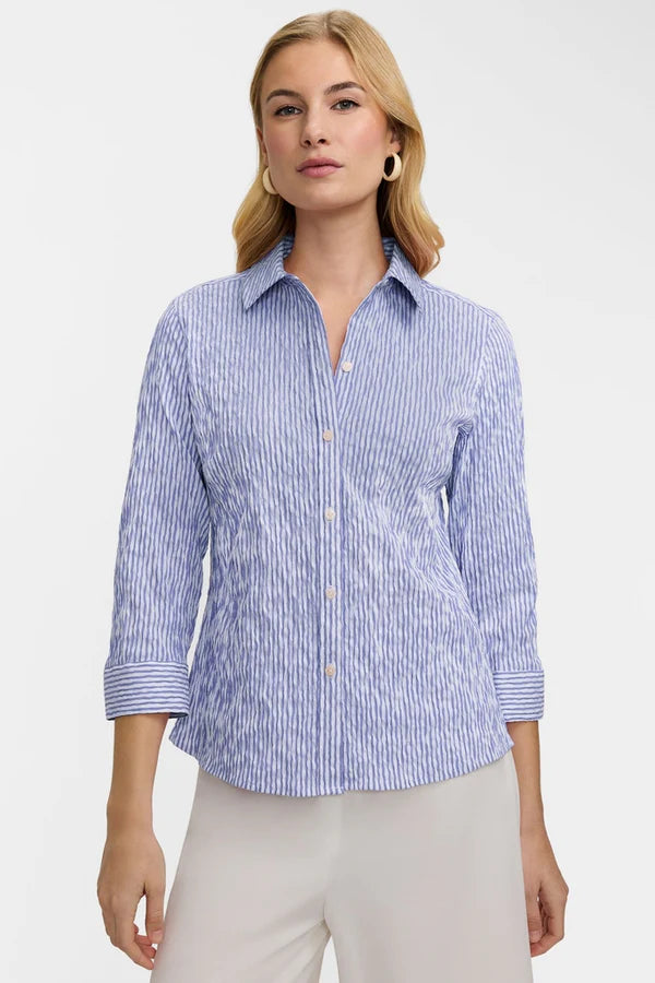 Foxcroft Hampton Crinkle Jacquard 3/4 Sleeve Shirt in White & Blue - Mildred Hoit