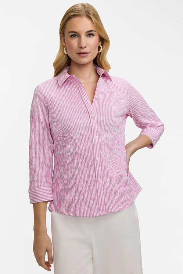 Foxcroft Hampton Crinkle Jacquard 3/4 Sleeve Shirt in White & Pink - Mildred Hoit