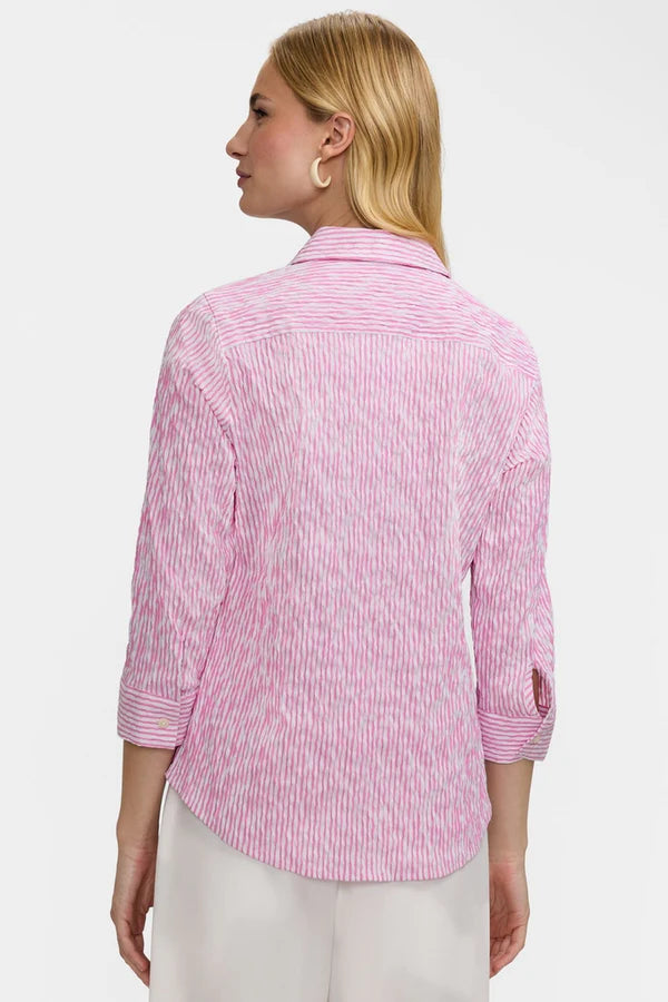 Foxcroft Hampton Crinkle Jacquard 3/4 Sleeve Shirt in White & Pink - Mildred Hoit