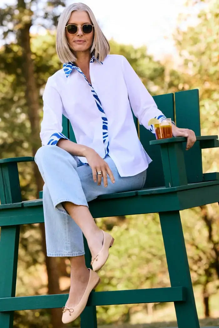 Model sitting wearing the Foxcroft Luna Tonal Zebra Blouse.