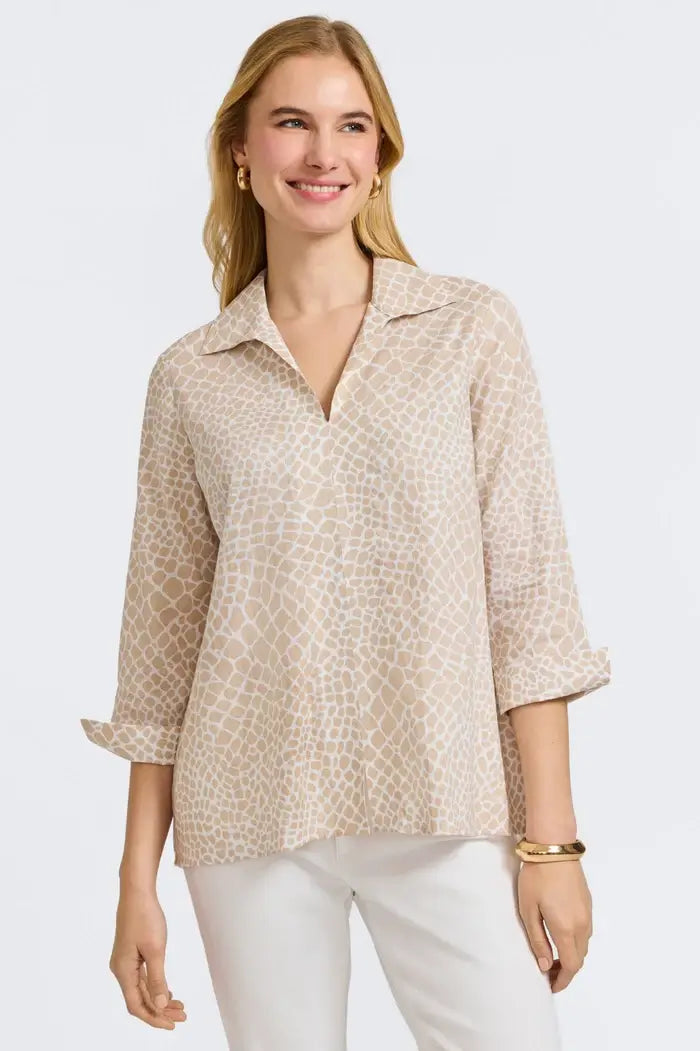 Foxcroft Agnes Giraffe Print Shirt in Flax available at Mildred Hoit in Palm Beach.