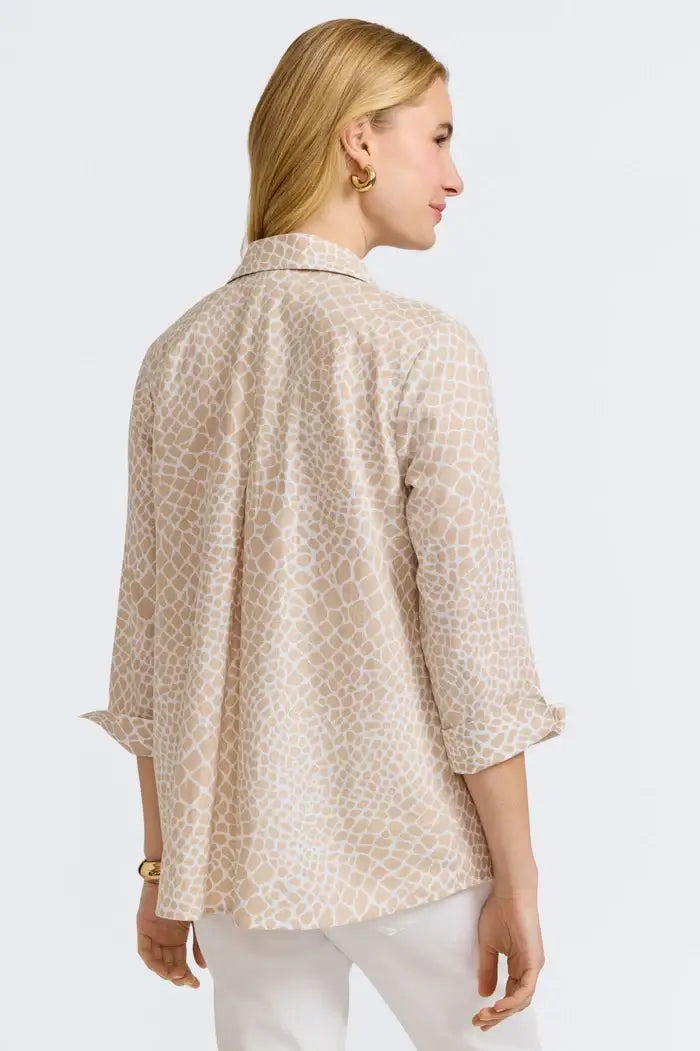 Back View of Foxcroft Agnes Giraffe Print Shirt in Flax.