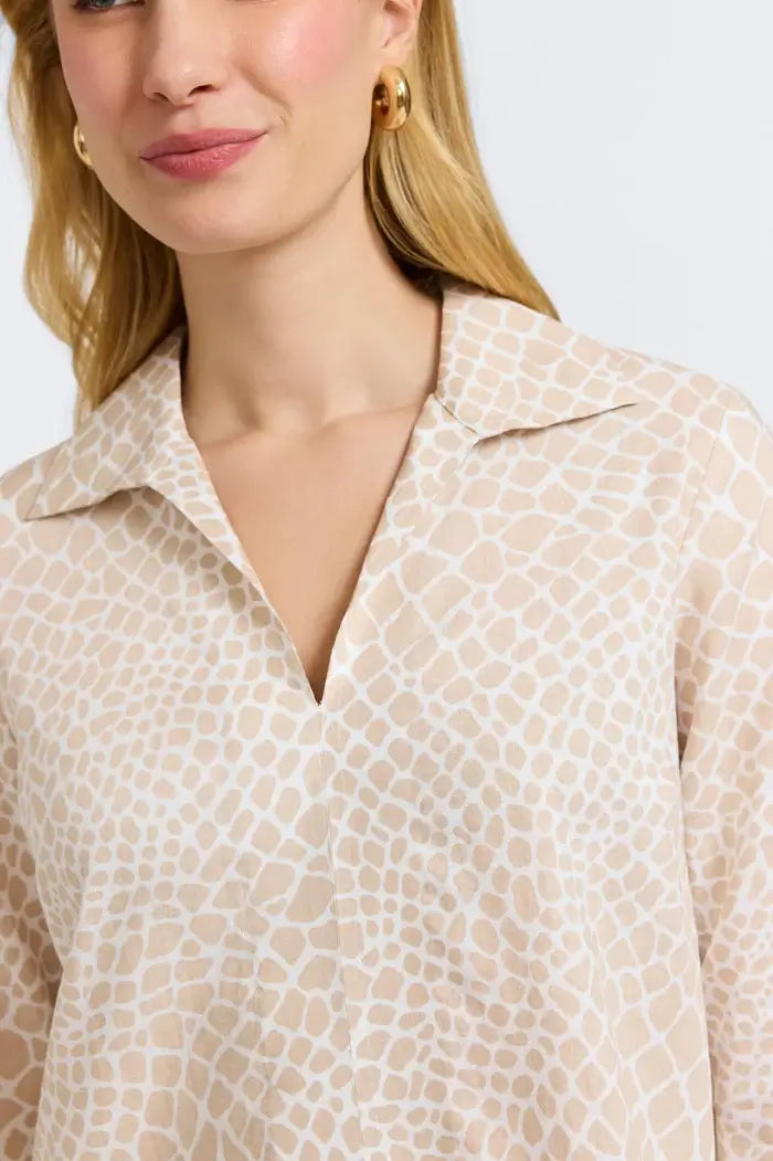 Collar Detail of Foxcroft Agnes Giraffe Print Shirt in Flax.