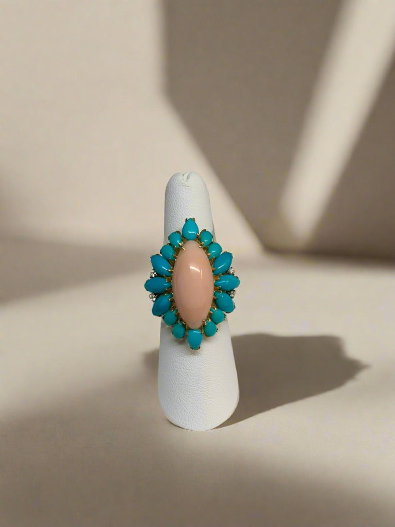 Coral, Turquoise, and Diamond Ring - Mildred Hoit