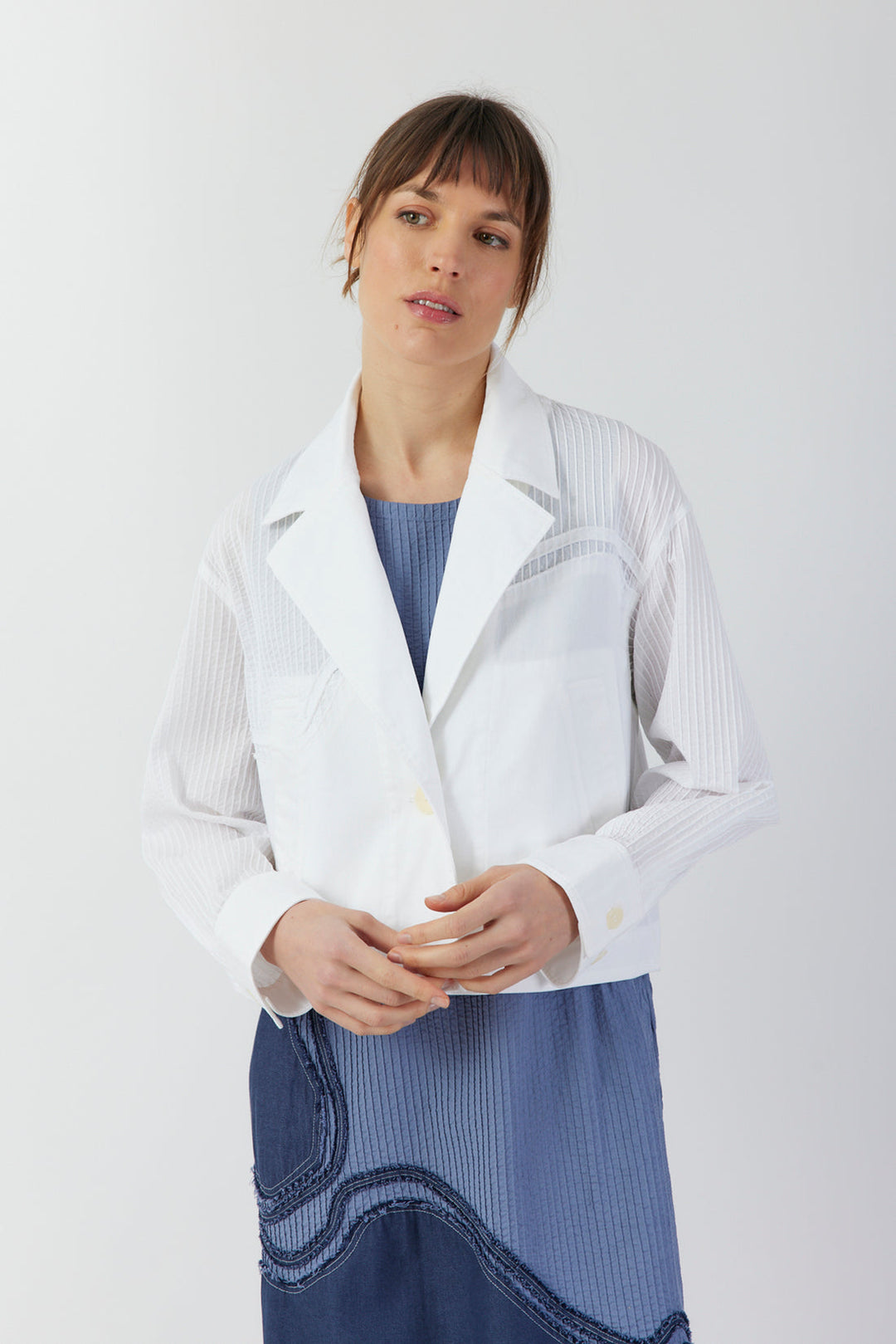 Yacco Maricard Cotton Pintuck Jacket in White - Mildred Hoit