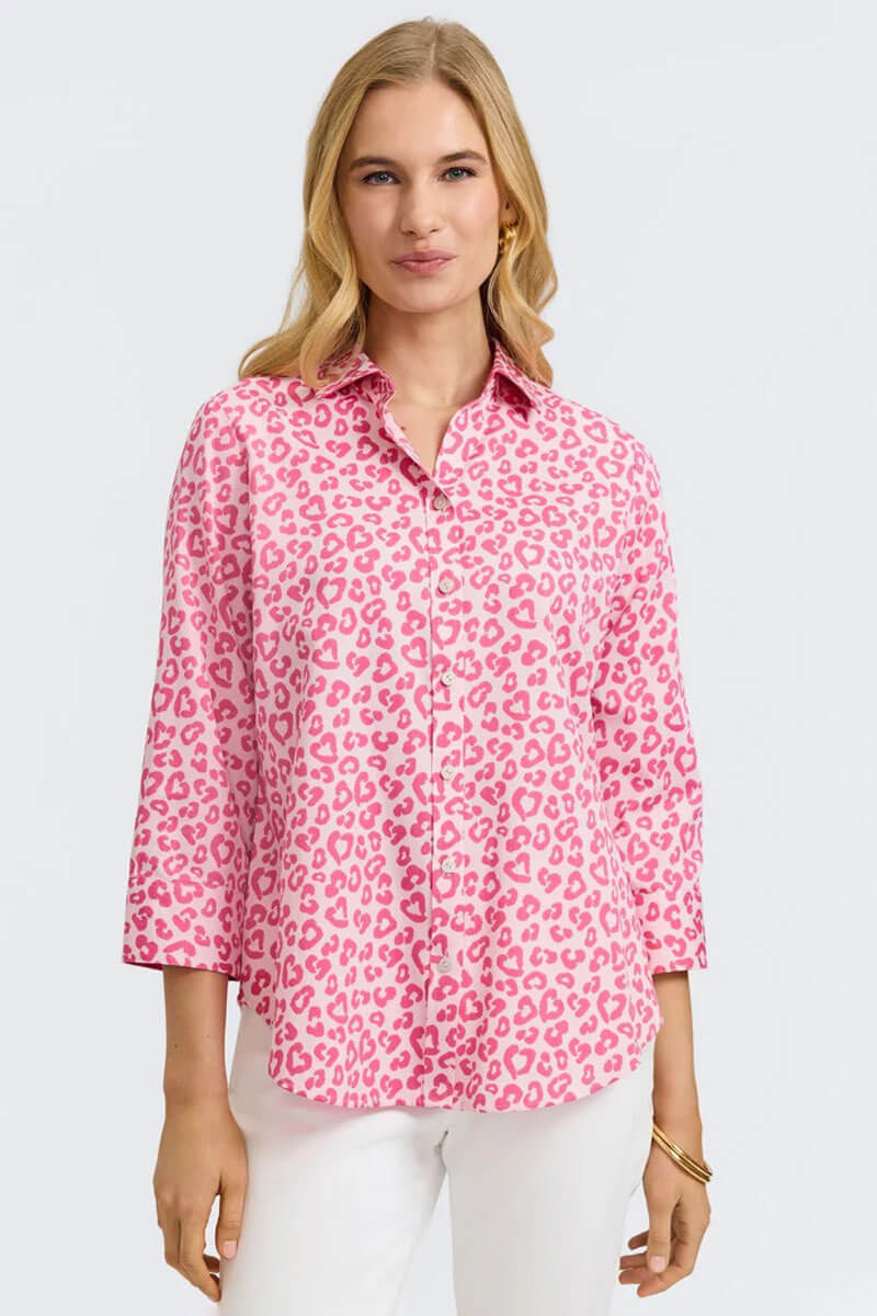 Foxcroft Margie Tonal Cheetah Three-Quarter Sleeve Shirt in Pink