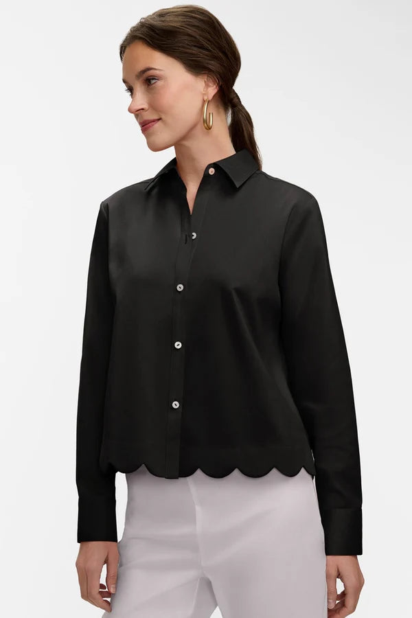 Foxcroft Scarlett Stretch Matte Sateen Long Sleeve Shirt in Black - Mildred Hoit