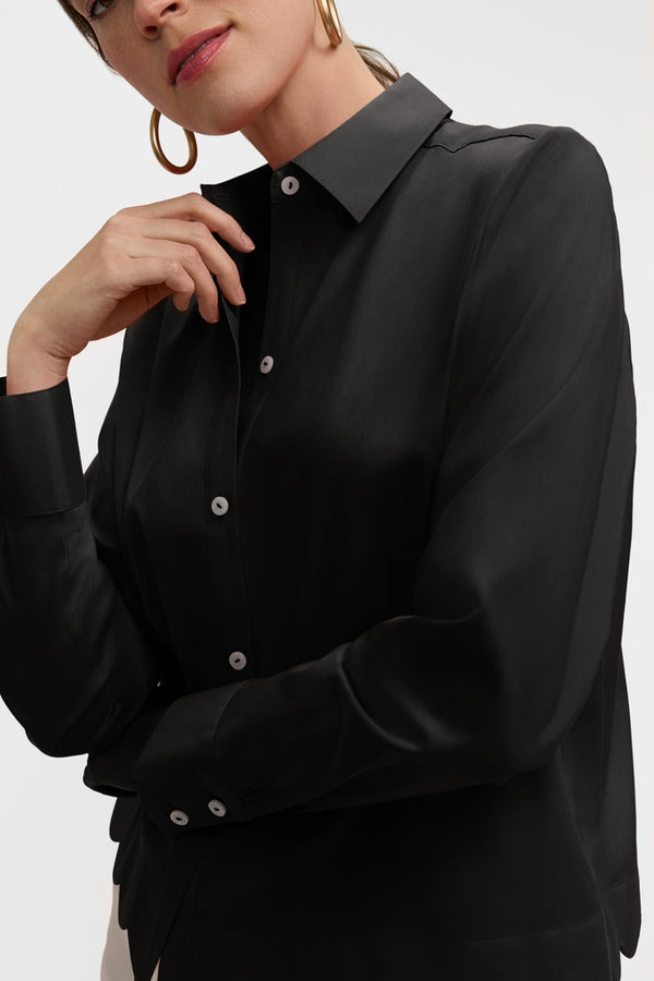 Foxcroft Scarlett Stretch Matte Sateen Long Sleeve Shirt in Black - Mildred Hoit