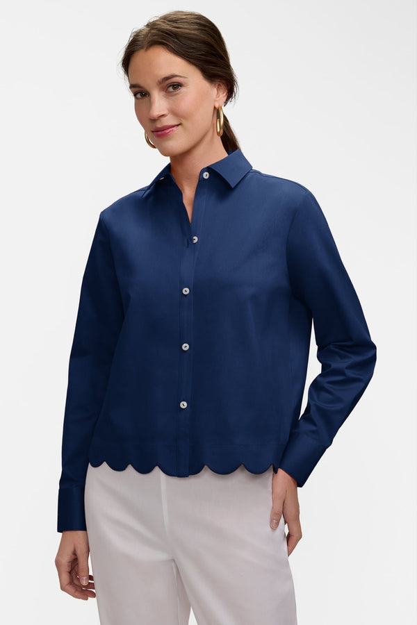 Foxcroft Scarlett Stretch Matte Sateen Long Sleeve Shirt in Navy - Mildred Hoit