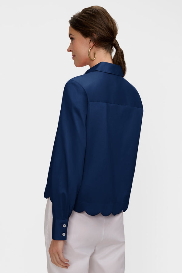 Foxcroft Scarlett Stretch Matte Sateen Long Sleeve Shirt in Navy - Mildred Hoit