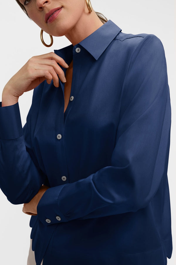 Foxcroft Scarlett Stretch Matte Sateen Long Sleeve Shirt in Navy - Mildred Hoit