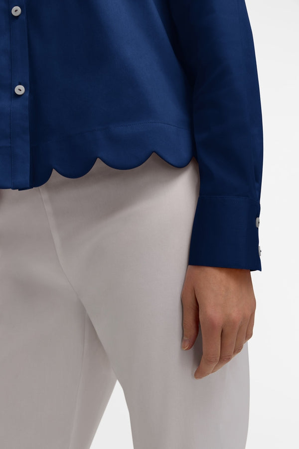 Foxcroft Scarlett Stretch Matte Sateen Long Sleeve Shirt in Navy - Mildred Hoit