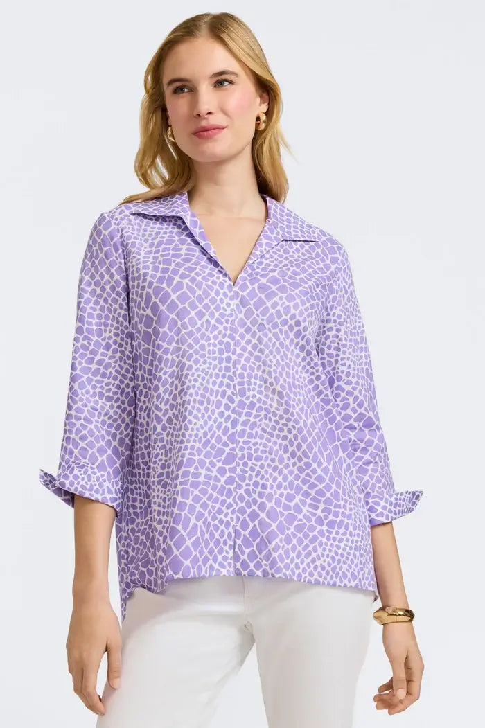 Foxcroft Agnes Giraffe Print Shirt in Amethyst available at Mildred Hoit in Palm Beach.