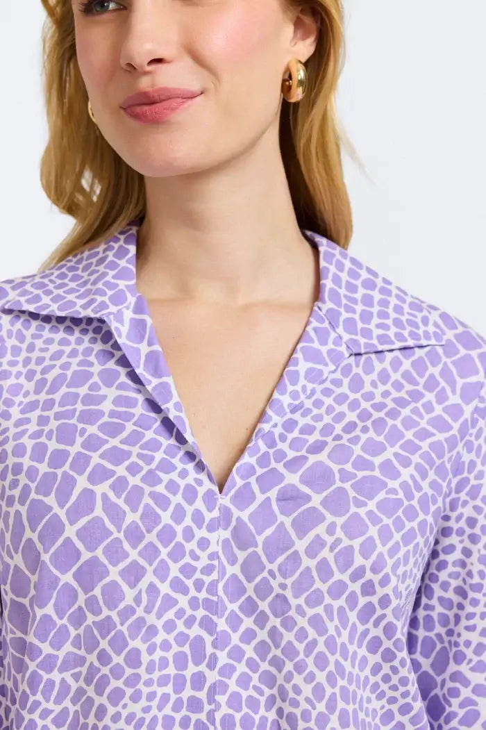 Detailed view of Foxcroft Agnes Giraffe Print Shirt in Amethyst.