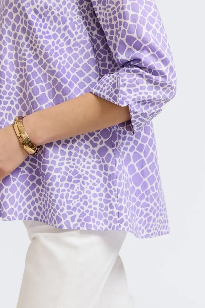 Sleeve Detail View of Foxcroft Agnes Giraffe Print Shirt in Amethyst.