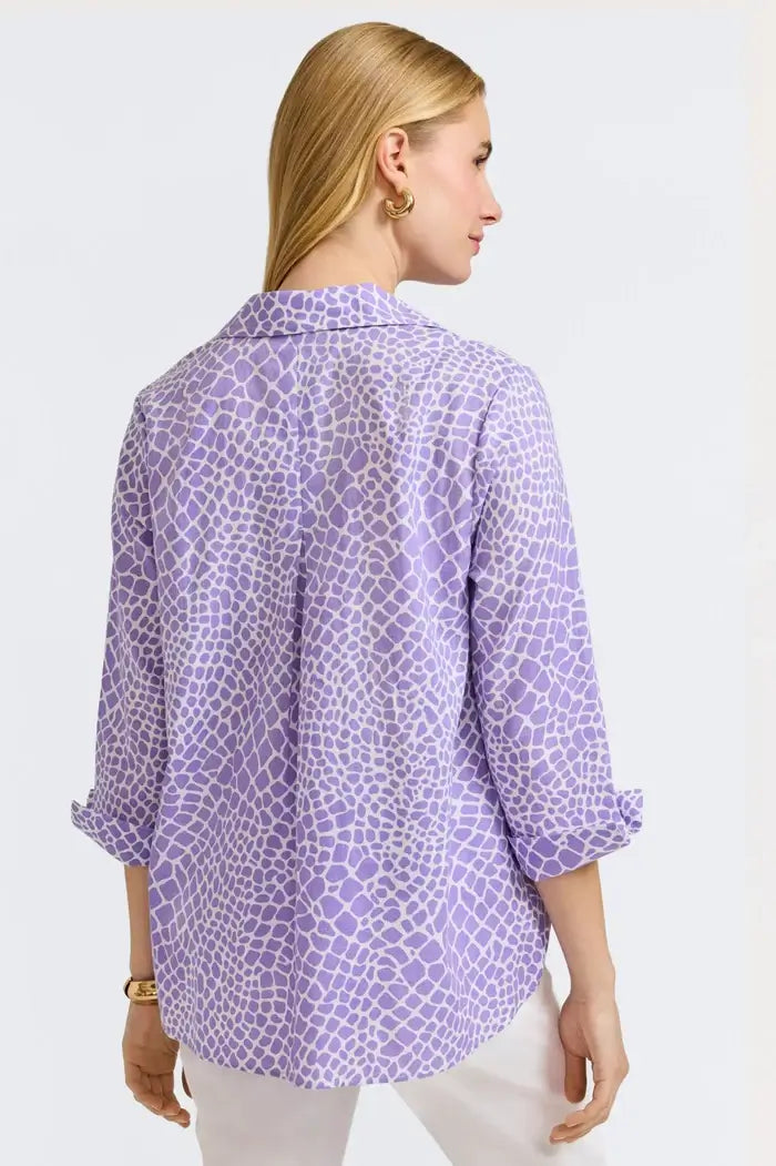 Back View of Foxcroft Agnes Giraffe Print Shirt in Amethyst.