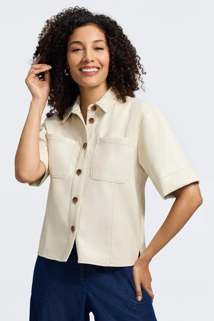 Foxcroft Demi Elbow Sleeve Shirt Jacket in Cream