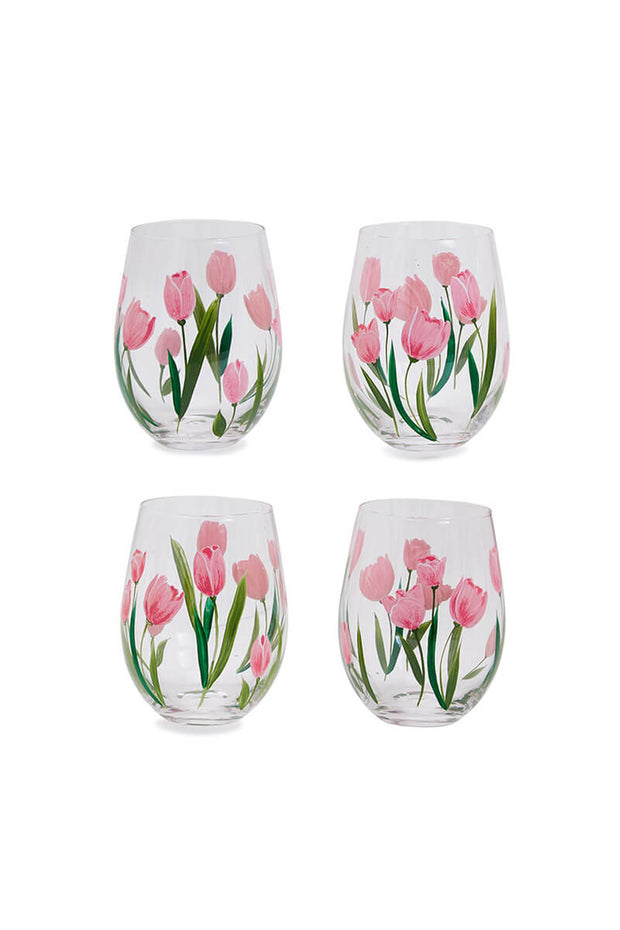 Pink Tulips Stemless Wine Glasses - Set of 4 available at Mildred Hoit