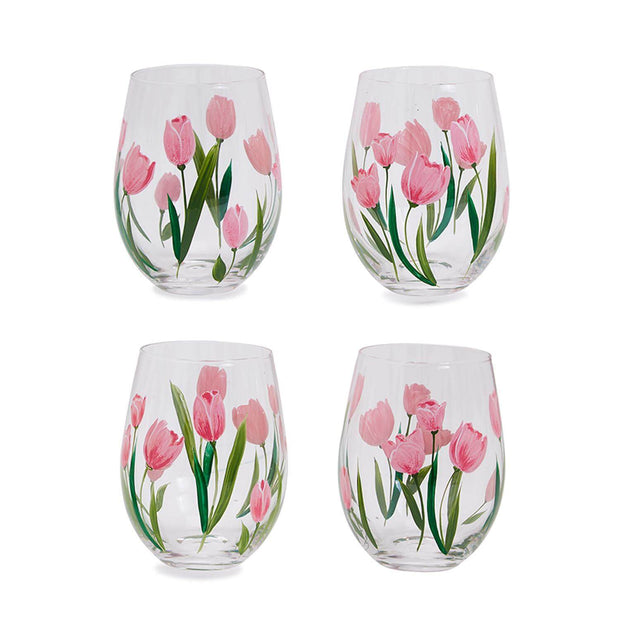 Pink Tulips Stemless Wine Glasses - Set of 4