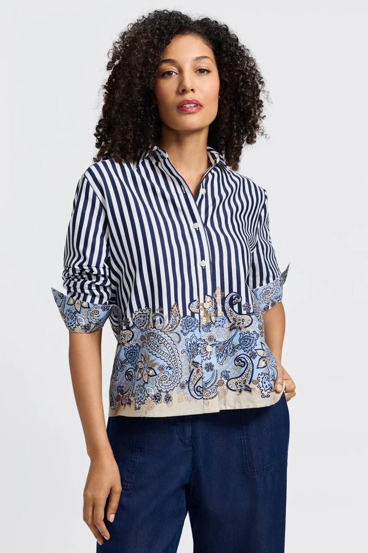 Foxcroft Jodie Stripe Paisley Long Sleeve Short Shirt