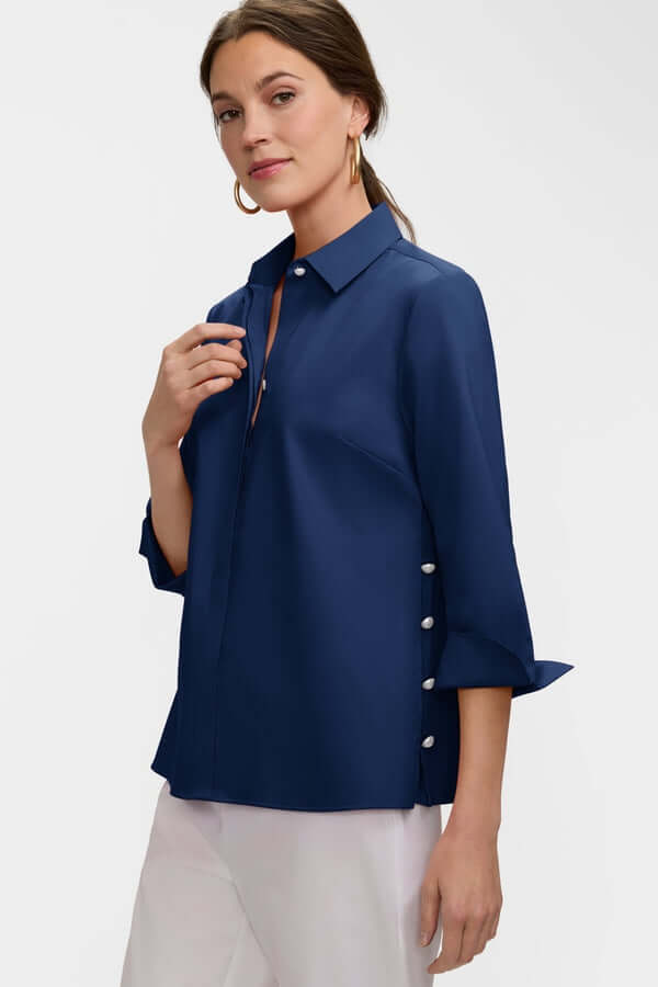 Foxcroft Beatrice Pearl Stretch Matte Sateen 3/4 Sleeve Shirt in Navy - Mildred Hoit