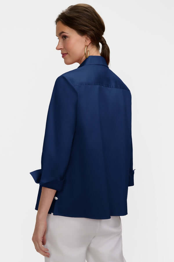 Foxcroft Beatrice Pearl Stretch Matte Sateen 3/4 Sleeve Shirt in Navy - Mildred Hoit