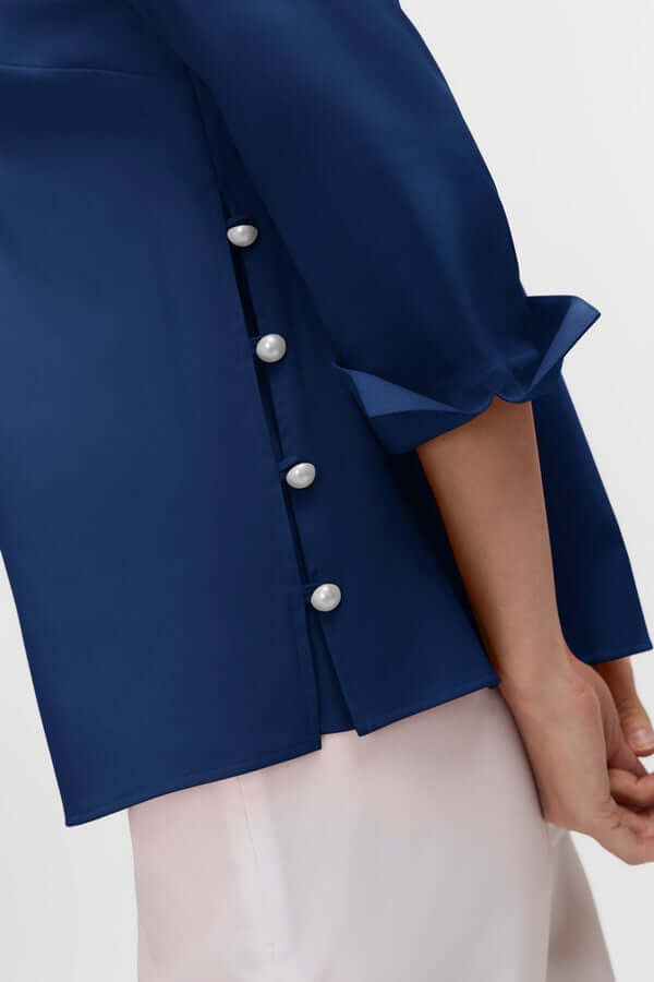 Foxcroft Beatrice Pearl Stretch Matte Sateen 3/4 Sleeve Shirt in Navy - Mildred Hoit
