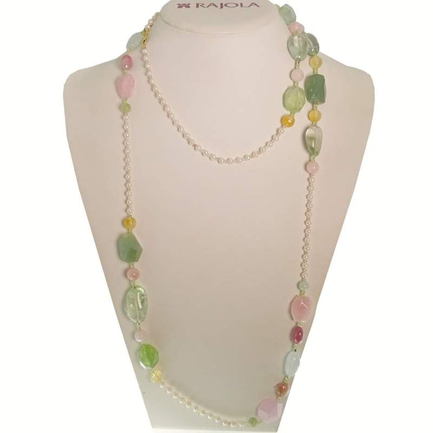 Pearl, Morganite, Aquamarine, Sapphire, and Gold Necklace available at Mildred Hoit in Palm Beach.