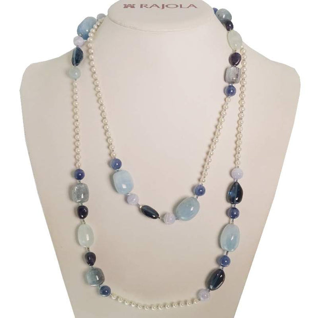 Pearl, Blue Topaz, Calcedony, and Sapphire Necklace available at Mildred Hoit in Palm Beach.