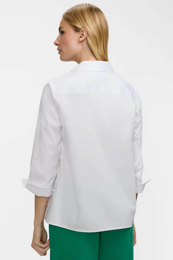 Foxcroft Beatrice Pearl Stretch Matte Sateen 3/4 Sleeve Shirt in White - Mildred Hoit