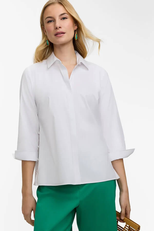 Foxcroft Beatrice Pearl Stretch Matte Sateen 3/4 Sleeve Shirt in White - Mildred Hoit