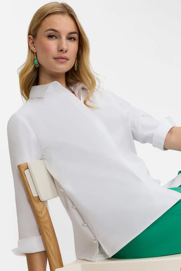 Foxcroft Beatrice Pearl Stretch Matte Sateen 3/4 Sleeve Shirt in White - Mildred Hoit