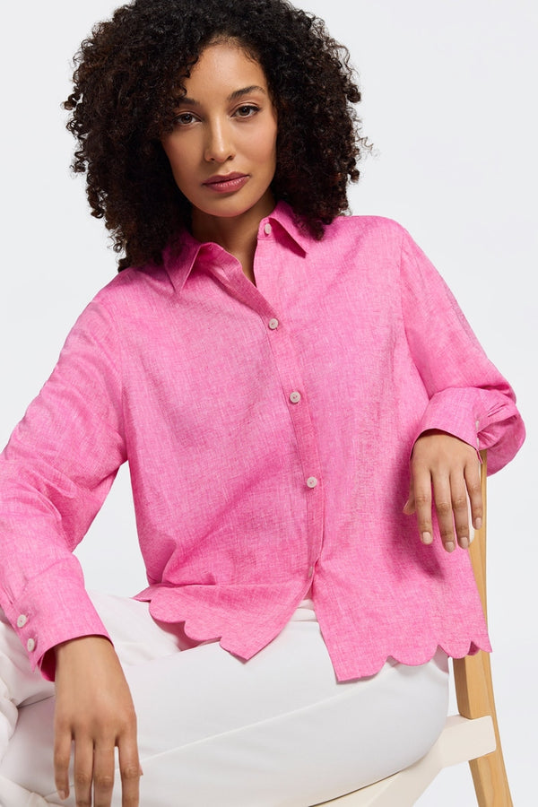 Foxcroft Scarlett Solid Linen Long Sleeve Shirt in Cosmo Pink - Mildred Hoit