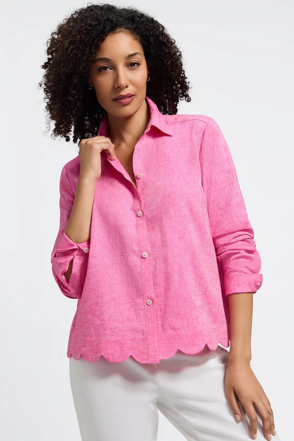 Foxcroft Scarlett Solid Linen Long Sleeve Shirt in Cosmo Pink - Mildred Hoit