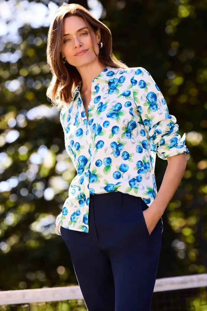 Model wearing Foxcroft Hampton Watercolor Blueberries Long Sleeve Shirt outside.