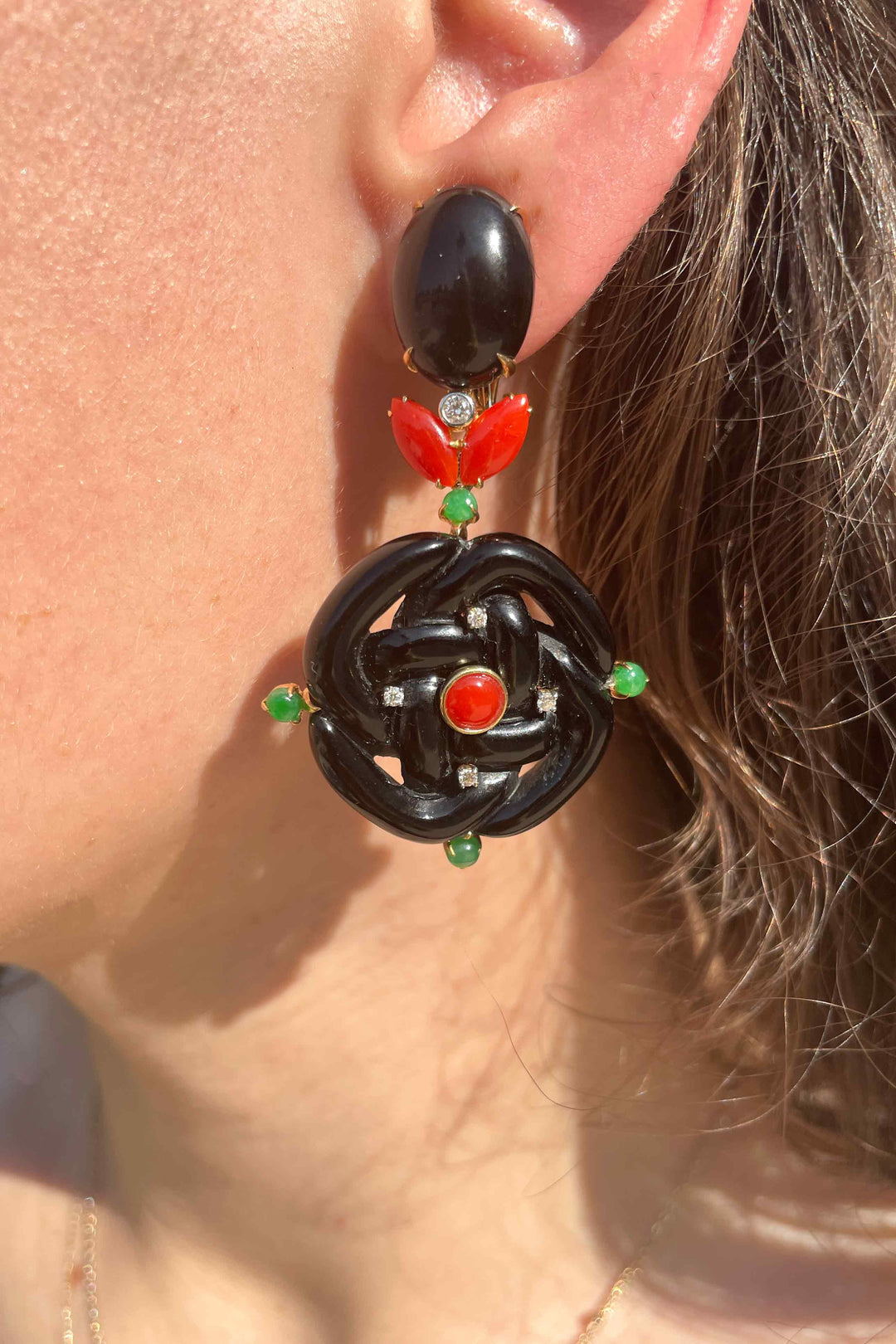 Onyx, Coral, Jade, and Diamond Earrings available at Mildred Hoit in Palm Beach.