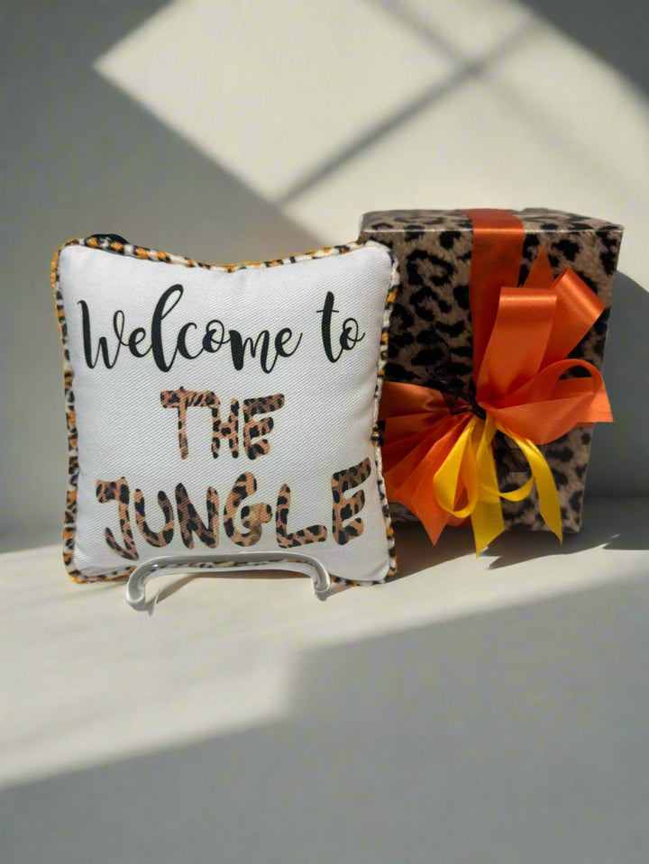 "Welcome to the Jungle" Door Pillow with wrapped gift 