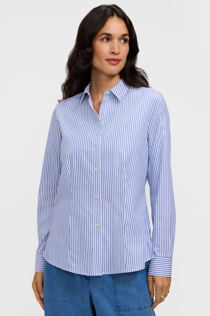 Foxcroft Dianna Powder Blue Pinpoint Stripe Long Sleeve Shirt
