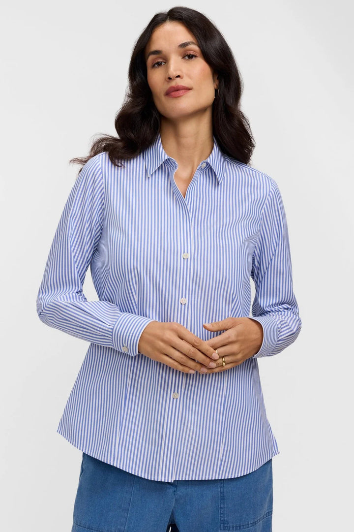 Foxcroft Dianna Powder Blue Pinpoint Stripe Long Sleeve Shirt