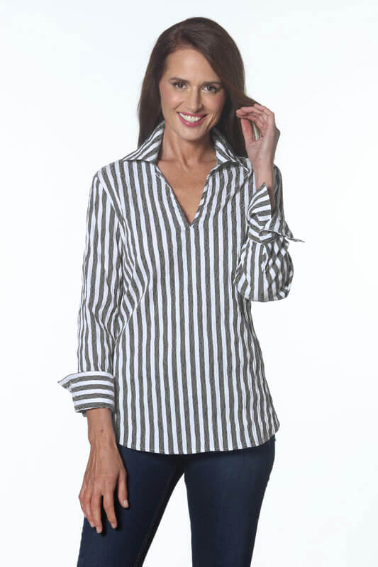 Pullover Striped Blouse with Button Back Detail in Black and White - Mildred Hoit