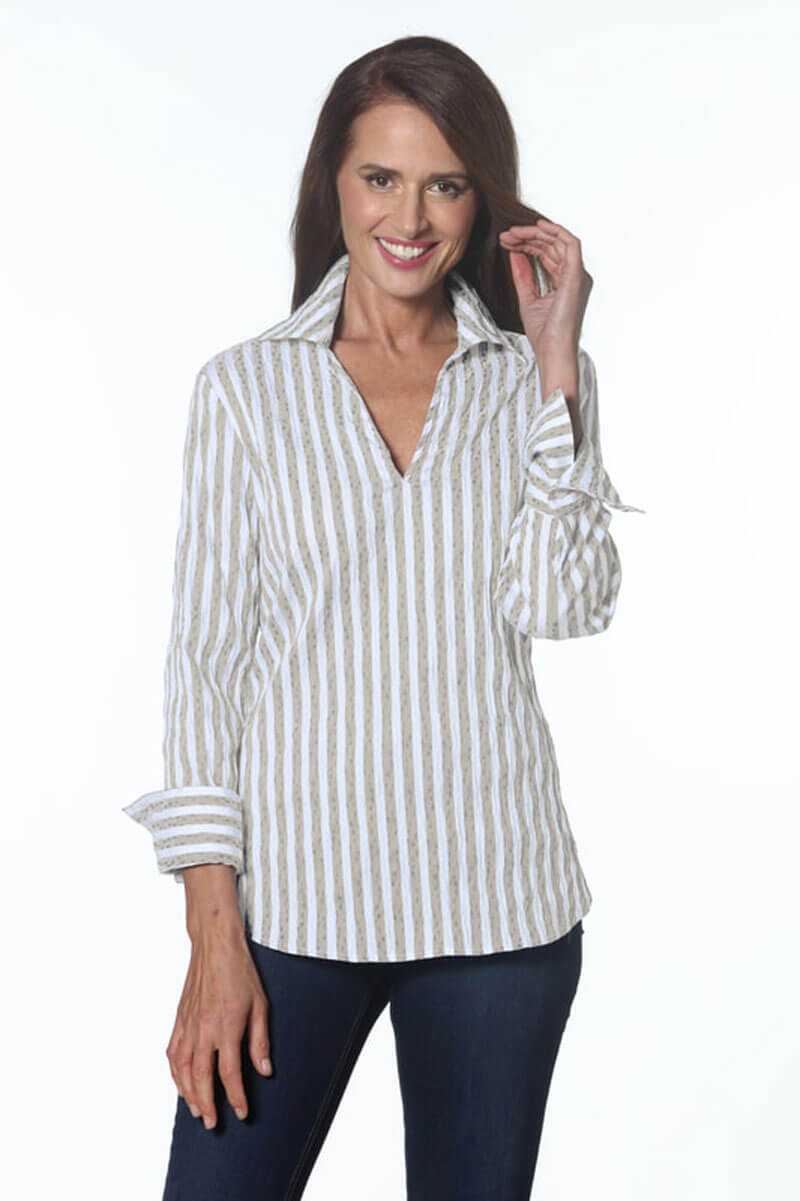 Striped Pullover Blouse with Back Button Detail in Sand - Mildred Hoit