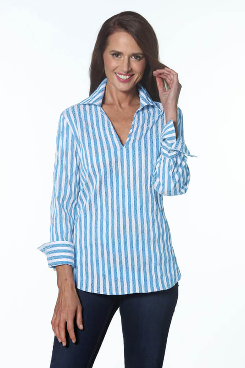 Striped Pullover Blouse with Button Back Detail in Turquoise and White - Mildred Hoit