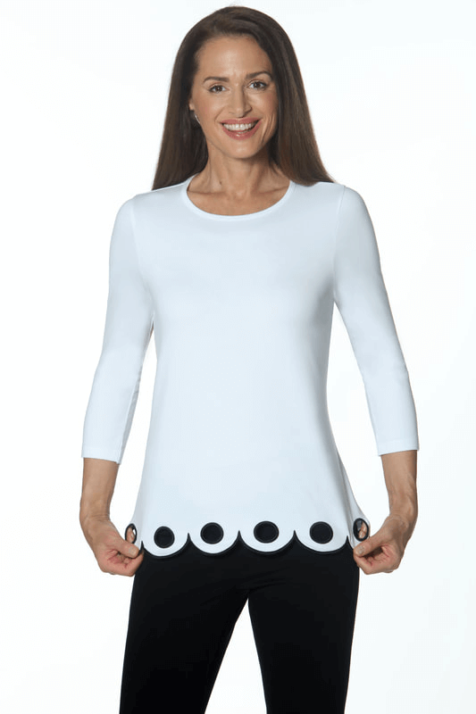 White 3/4 Sleeve Top with Eyelet Detail available at Mildred Hoit in Palm Beach.