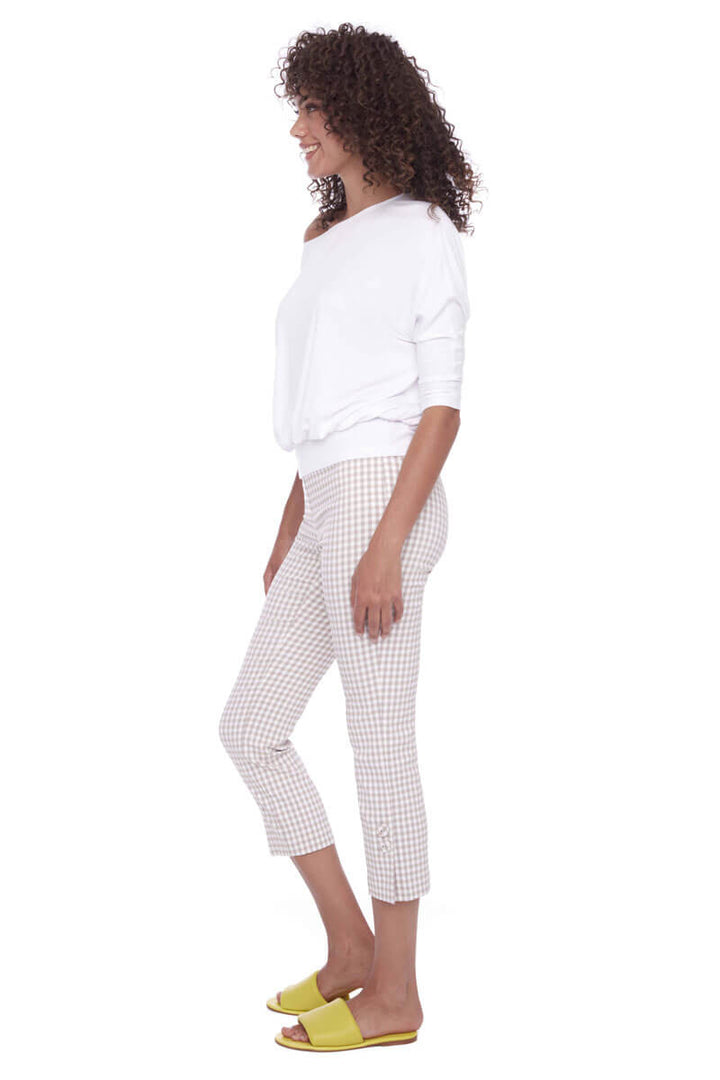 Up! Gingham Techno Crop Pant in Tan and White - Mildred Hoit