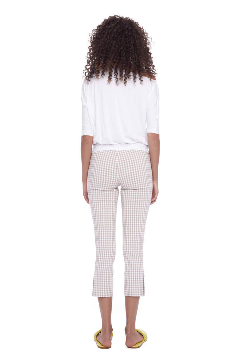 Up! Gingham Techno Crop Pant in Tan and White - Mildred Hoit