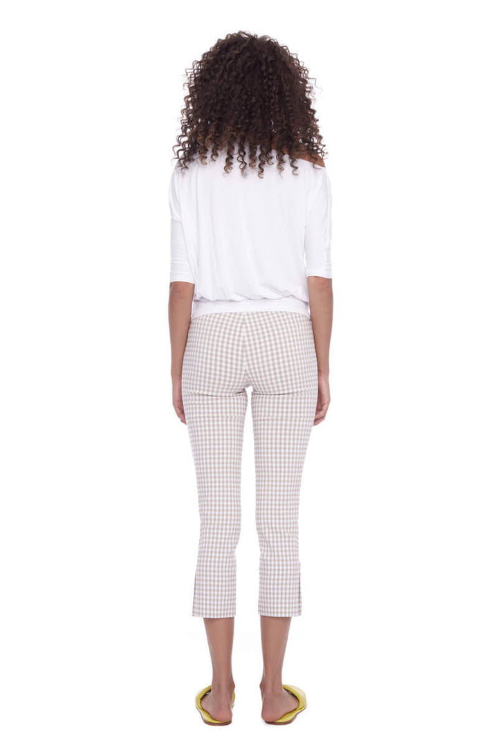 Up! Gingham Techno Crop Pant in Tan and White - Mildred Hoit