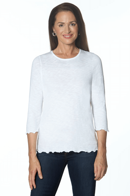 Solid White Tee with Scallop Detail available at Mildred Hoit in Palm Beach.