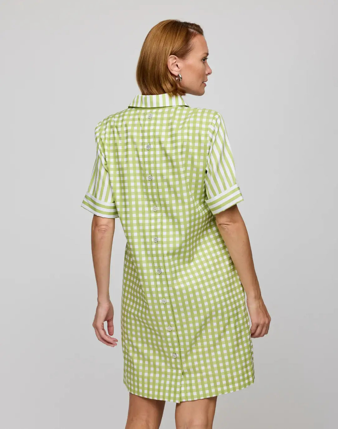 Hinson Wu Aileen Short Sleeve Stripe and Gingham Dress in Lime